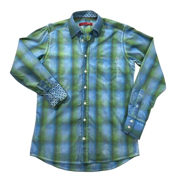 Georg Roth Shirt Mens S Plaid Ombre Flip Cuff Blue Green Button Up 100% Cotton - Picture 1 of 11
